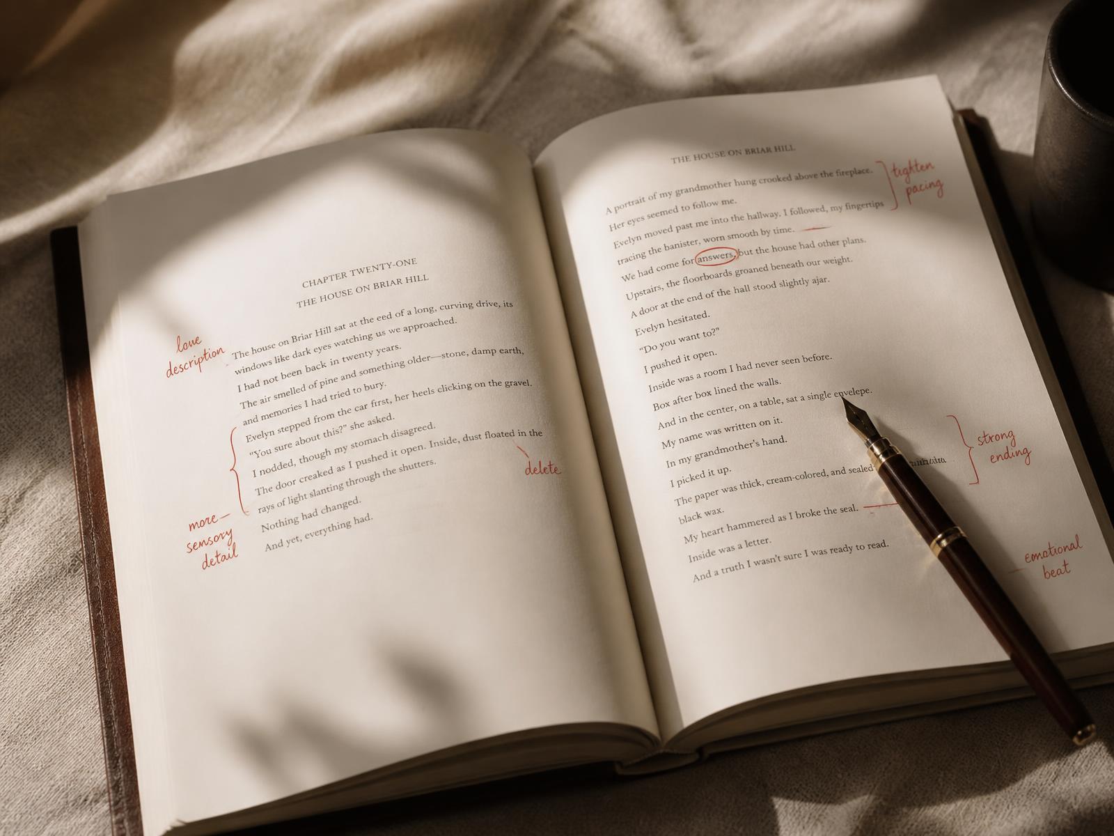 An open manuscript with red editorial marks and a fountain pen